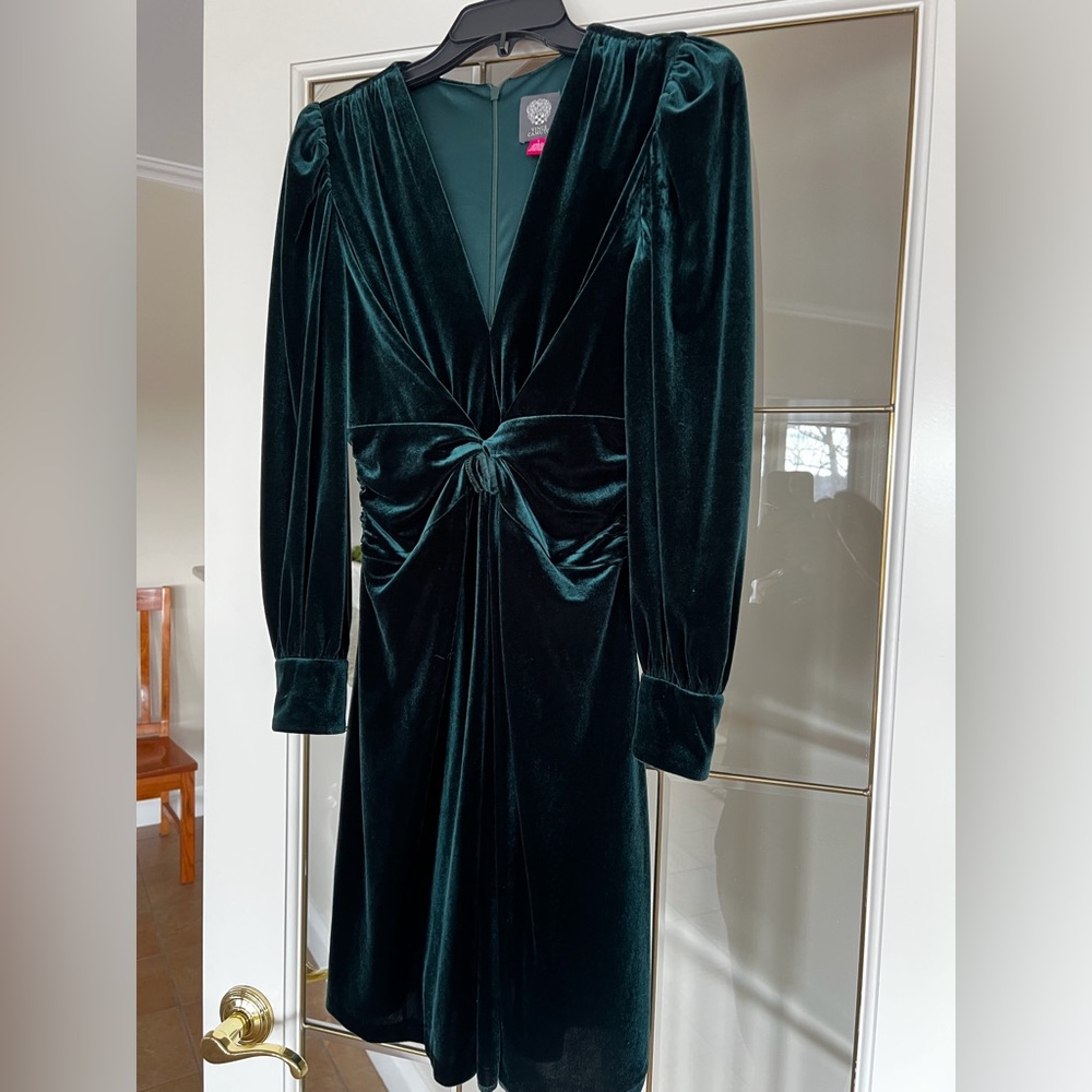 Vince Camuto Twist Front Long Sleeve Velvet Fit & Flare Dress in dark green
